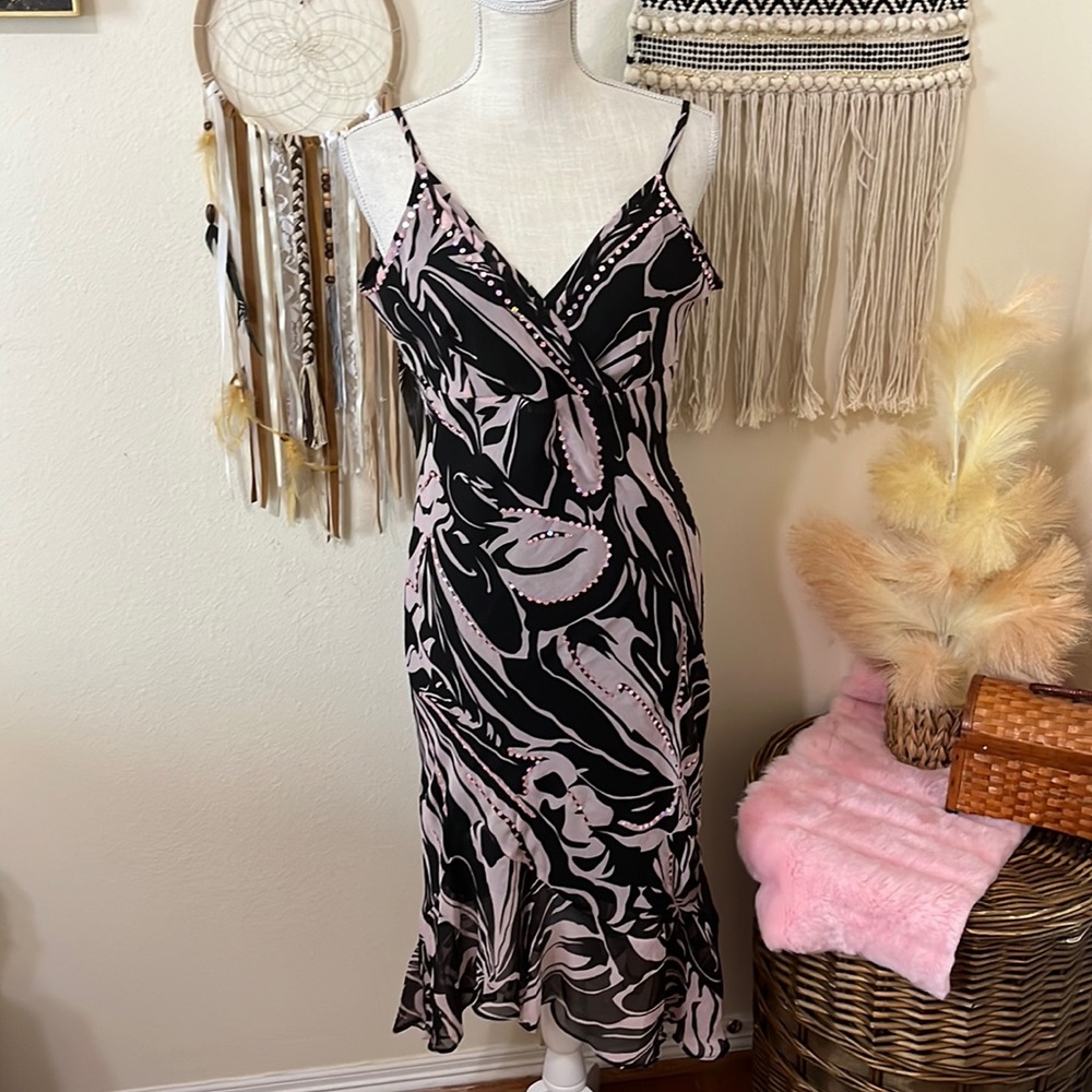 Pink & Black Chiffon Dress/ Angled Hem & Sweetheart Neckline / Size Large